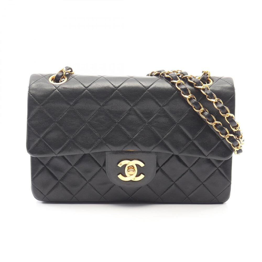 Chanel Matelasse Double Flap Shoulder Bag Lambskin Sheepskin Black